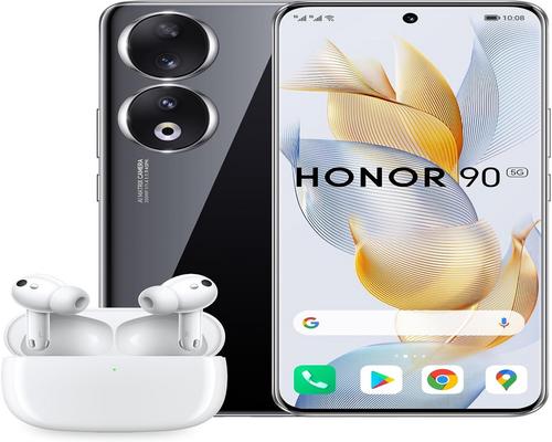 Um smartphone Honor 90 com fones de ouvido Earbuds 3 Pro