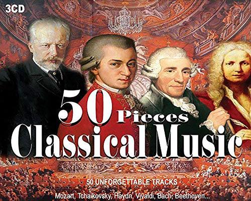 Eine 3-CD-Box mit 50 Stücken: Klassische Musik, Musica Classica, Beethoven, Vivaldi, Mozart, Nocturnes, Klaviersonate, Symphonie, Il Barbiere Di Siviglia, Vier Jahreszeiten
