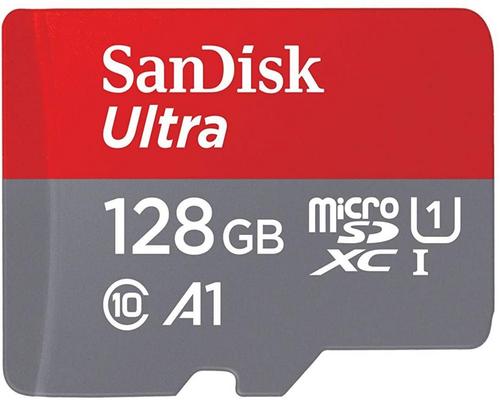 um cartão de memória SanDisk Ultra Sdhc de 128 GB + adaptador SD