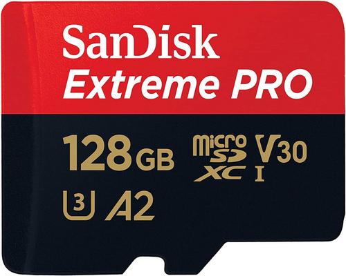 ett Sandisk Extreme Pro 128 GB + SD Dxc-minneskort med A2-applikationsprestanda upp till 170 MB / S