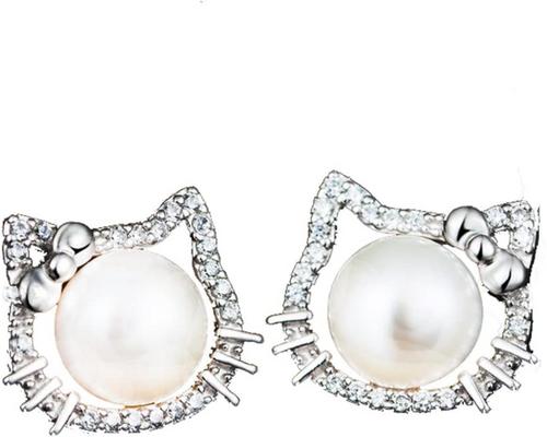 一对寻找珠子925纯银淡水珍珠立方氧化锆Hello Kitty猫爱时尚耳环