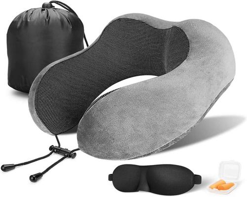 枕头，记忆泡沫坐垫颈部支撑，带耳塞和口罩，适用于汽车飞机和家用