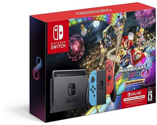 un ensemble d&#39;accessoires Nintendo Switch™ avec Joy-Con™ bleu néon et rouge néon + Mario Kart™ 8 Deluxe (téléchargement complet du jeu) + 3 mois d&#39;abonnement individuel en ligne à Nintendo Switch
