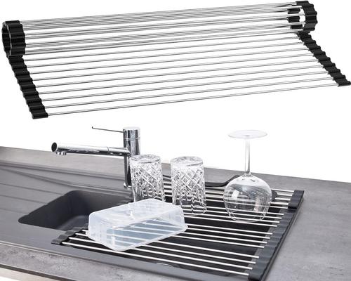 A Drainer Dish Drainer On Black Stainless Steel Folding Sink