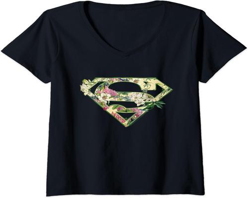 en Dc Comics Supergirl Floral Shield T-shirt til kvinder med V-hals