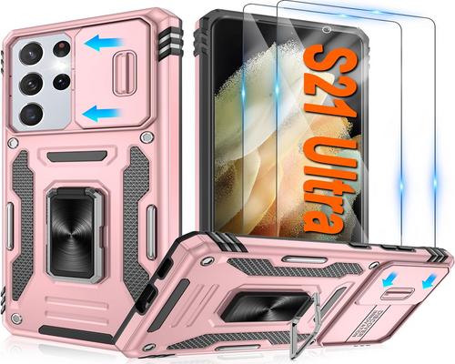 a Set Of Accessory For Samsung Galaxy S21 Ultra Case With [2 Pack] Hd Screen Protector With Slide Camera Cover, Atump 360° Rotation Ring Kickstand [Military Grade] Shock