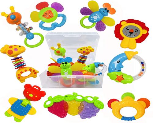 a set of teething toys and rattles for babies 0-6 months