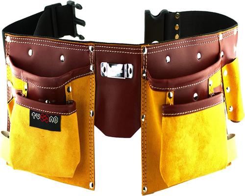 a leather tool belt with 11 pockets