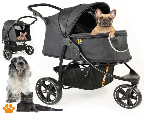 a 3-wheel pet stroller, supports up to 70 lbs